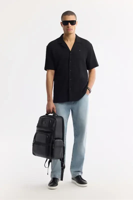 Men's Black Comfort Fit Camp Collar Jacquard Short Sleeve - 7