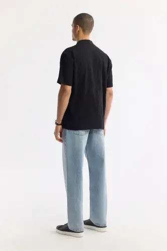 Men's Black Comfort Fit Camp Collar Jacquard Short Sleeve - 4