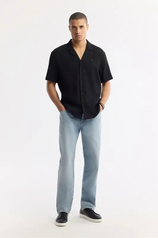 Men's Black Comfort Fit Camp Collar Jacquard Short Sleeve - 5