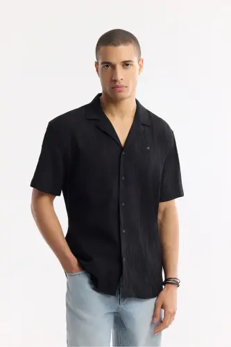 Men's Black Comfort Fit Camp Collar Jacquard Short Sleeve - 6