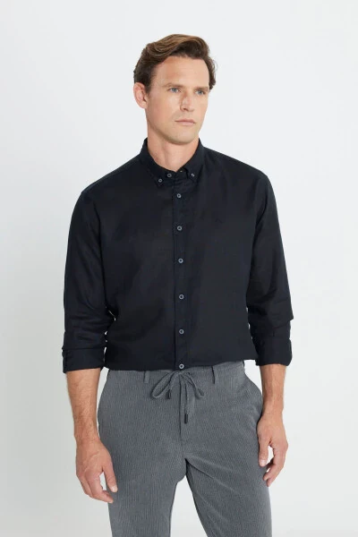 Men's Black Comfort Fit Relaxed Fit 100% Linen Button - 1