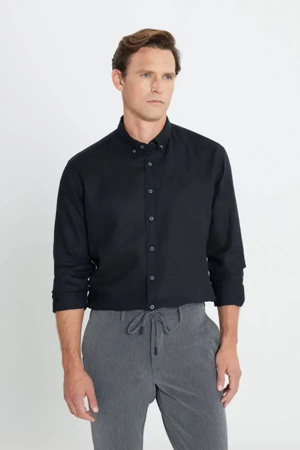 Men's Black Comfort Fit Relaxed Fit 100% Linen Button - 1
