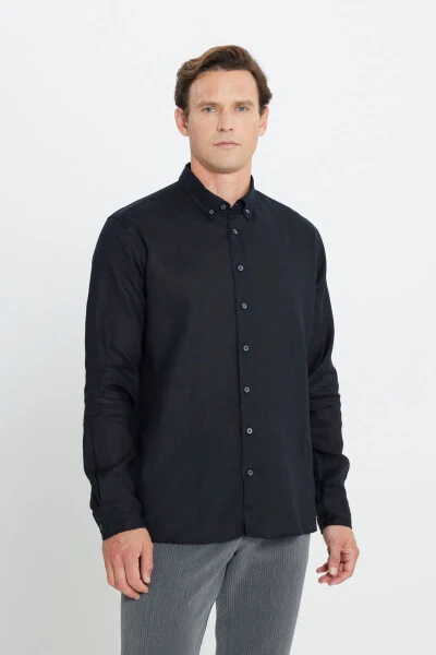 Men's Black Comfort Fit Relaxed Fit 100% Linen Button - 3