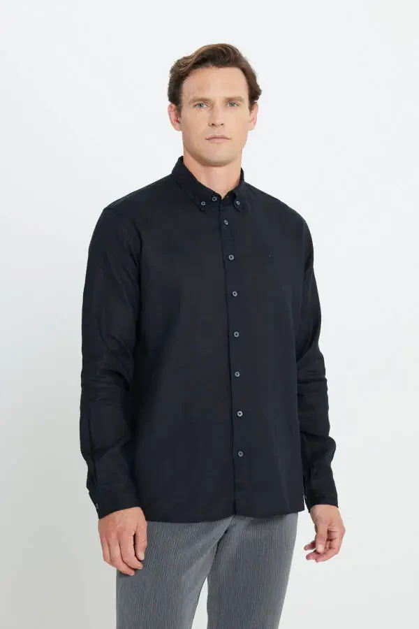 Men's Black Comfort Fit Relaxed Fit 100% Linen Button - 3