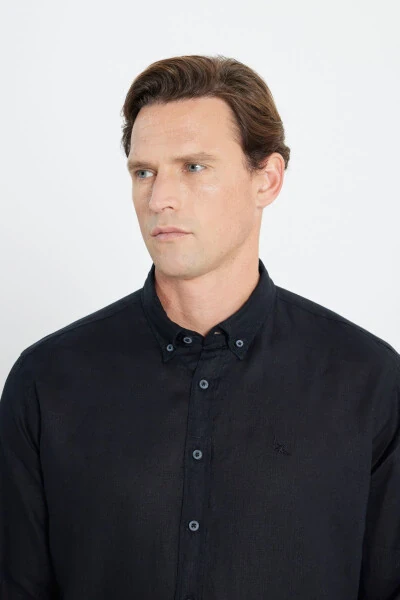 Men's Black Comfort Fit Relaxed Fit 100% Linen Button - 4