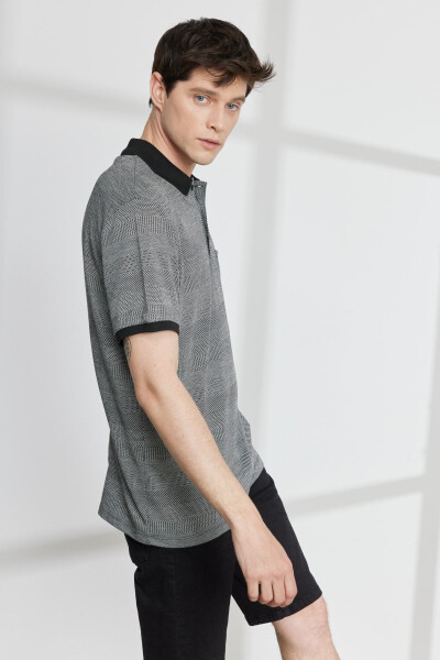 Men's Black Comfort Fit Relaxed Fit Polo Collar Jacquard T-Shirt - 4