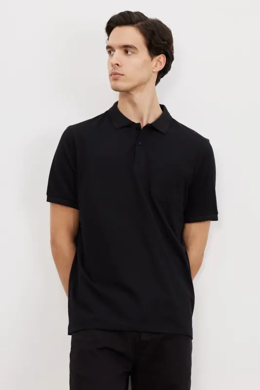 Men's Black Comfort Fit Relaxed Fit Polo Neck T-Shirt-Black - 1