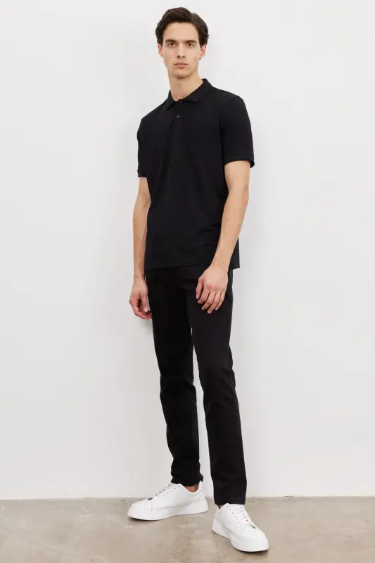 Men's Black Comfort Fit Relaxed Fit Polo Neck T-Shirt-Black - 2