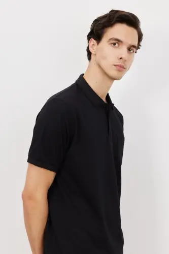 Men's Black Comfort Fit Relaxed Fit Polo Neck T-Shirt-Black - 4