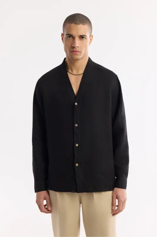 Men's Black Comfort Fit V-Neck 100% Linen Long Sleeve - 2