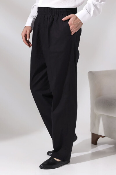 Men's Black Cotton Loose Fit Elastic Waist Hajj and Umrah Linen Shalwar Trouser - IHVAN ONLINE (1)