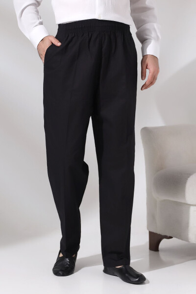 Men's Black Cotton Loose Fit Elastic Waist Hajj and Umrah Linen Shalwar Trouser 