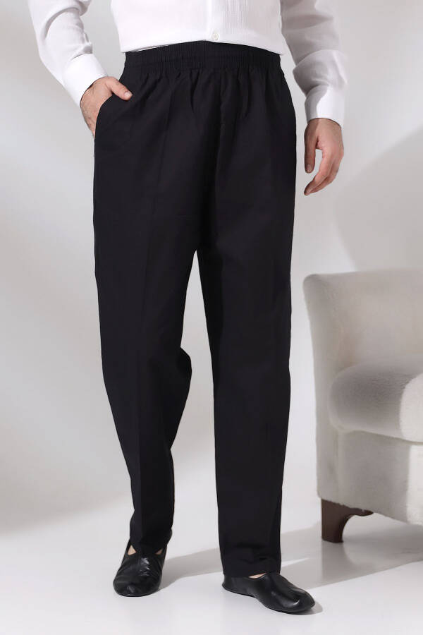 Men's Black Cotton Loose Fit Elastic Waist Hajj and Umrah Linen Shalwar Trouser - 1