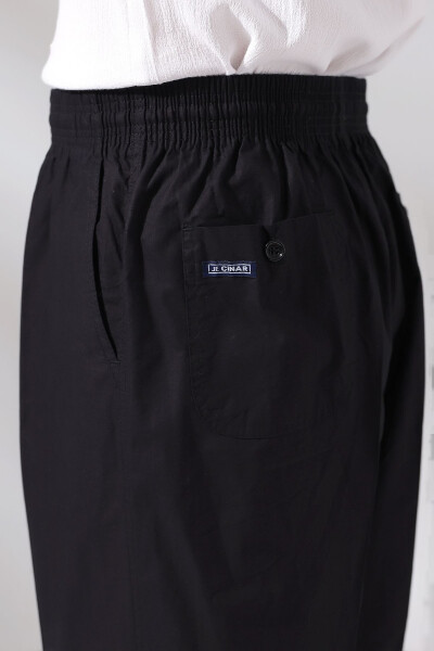 Men's Black Cotton Loose Fit Elastic Waist Hajj and Umrah Linen Shalwar Trouser - 3