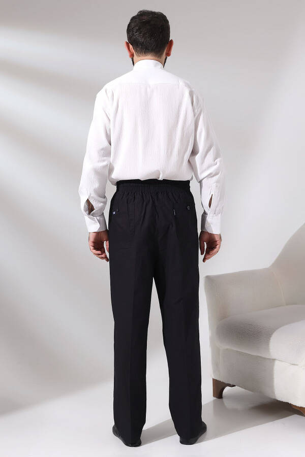 Men's Black Cotton Loose Fit Elastic Waist Hajj and Umrah Linen Shalwar Trouser - 4