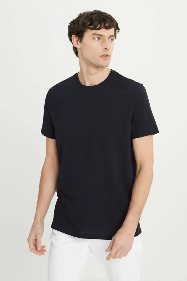 Men's Black Cotton Slim Fit Crew Neck Stretch T-Shirt - 1