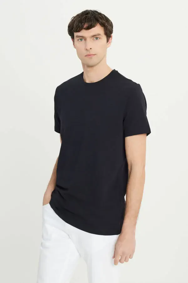 Men's Black Cotton Slim Fit Crew Neck Stretch T-Shirt - 3