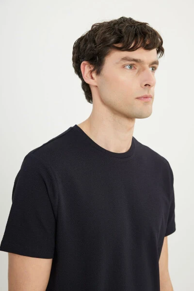 Men's Black Cotton Slim Fit Crew Neck Stretch T-Shirt - 4