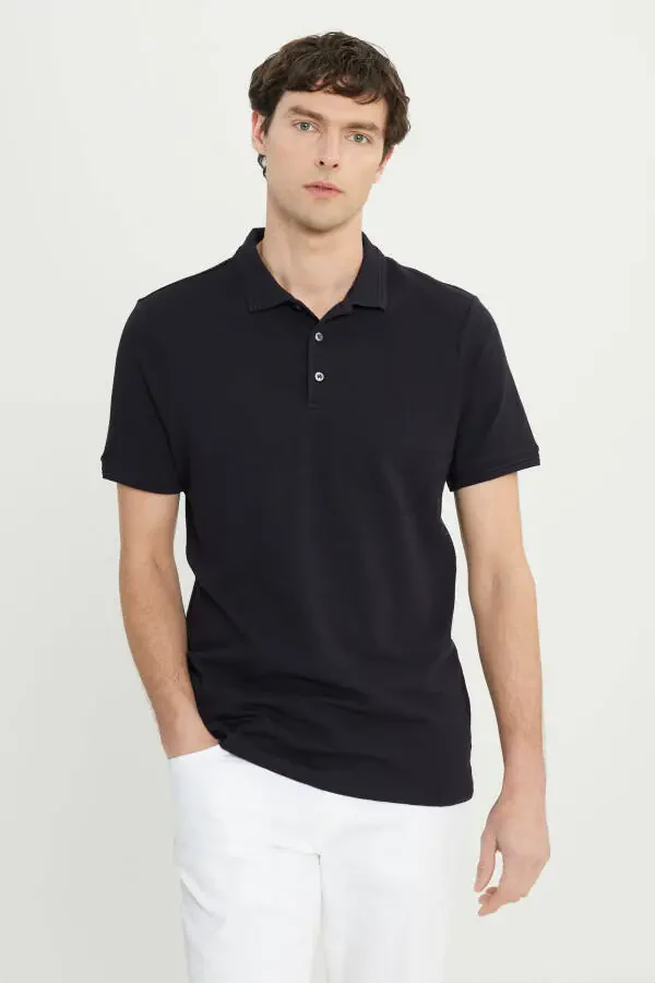 Men's Black Cotton Slim Fit Narrow Cut Polo Neck Jacquard Stretch T-Shirt - 1