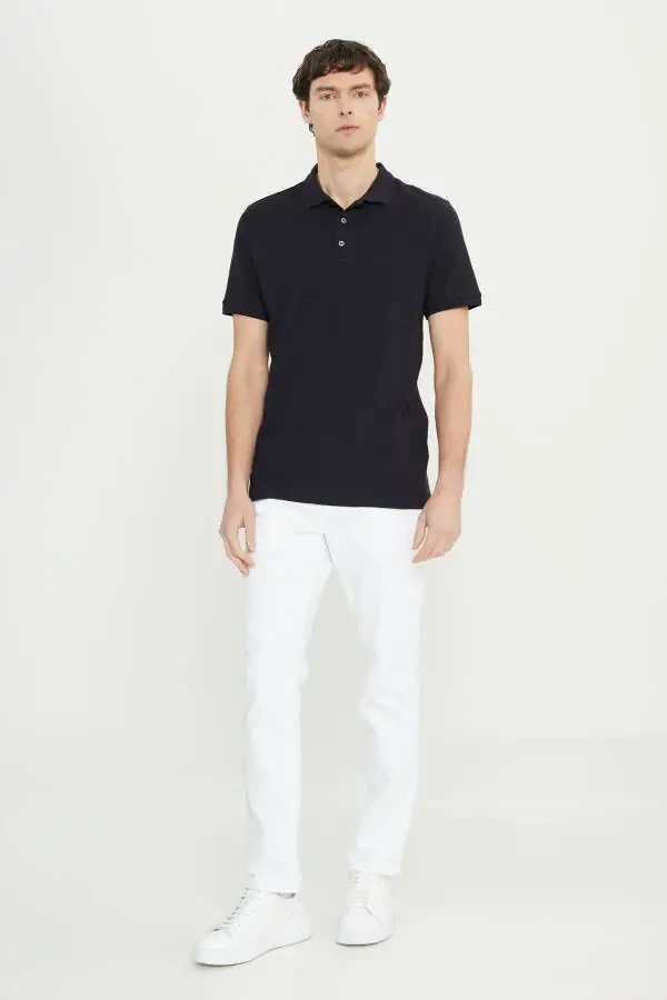 Men's Black Cotton Slim Fit Narrow Cut Polo Neck Jacquard Stretch T-Shirt - 2