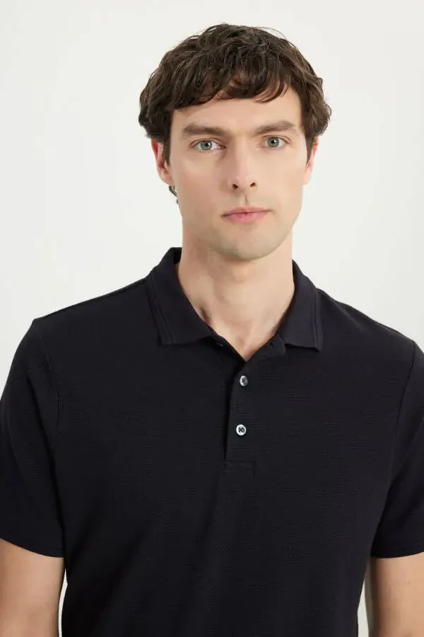 Men's Black Cotton Slim Fit Narrow Cut Polo Neck Jacquard Stretch T-Shirt - 4