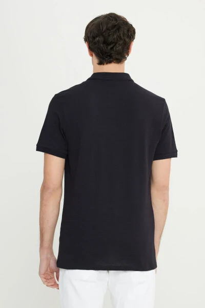 Men's Black Cotton Slim Fit Narrow Cut Polo Neck Jacquard Stretch T-Shirt - 5