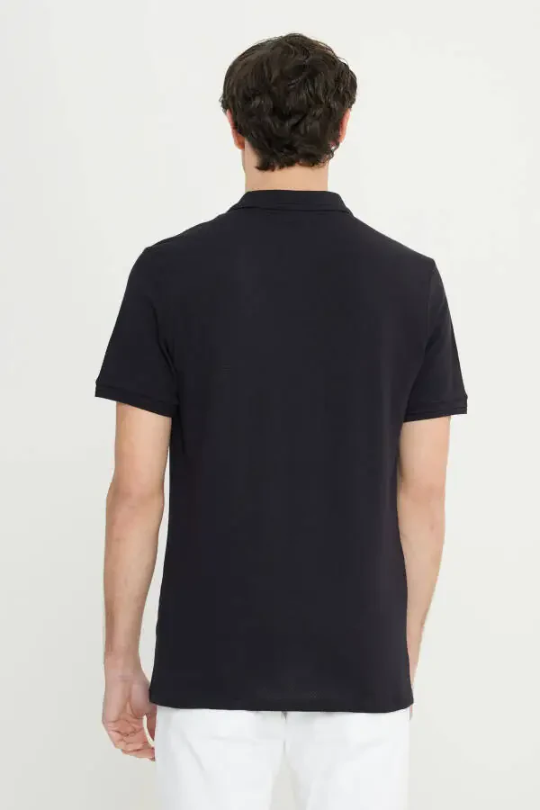 Men's Black Cotton Slim Fit Narrow Cut Polo Neck Jacquard Stretch T-Shirt - 5