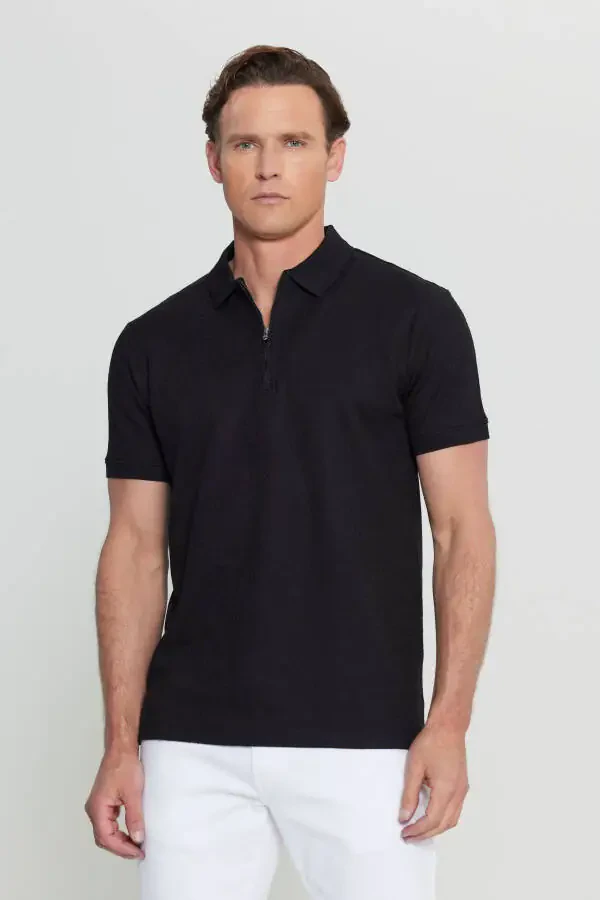Men's Black Cotton Slim Fit Zip Neck Jacquard Stretch T-Shirt - 1