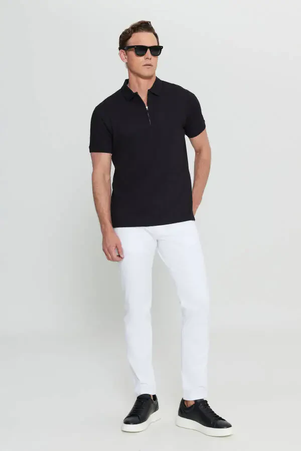 Men's Black Cotton Slim Fit Zip Neck Jacquard Stretch T-Shirt - 2