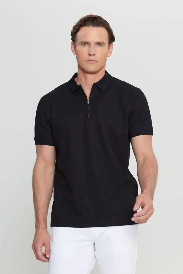 Men's Black Cotton Slim Fit Zip Neck Jacquard Stretch T-Shirt - 3