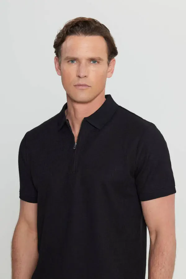 Men's Black Cotton Slim Fit Zip Neck Jacquard Stretch T-Shirt - 4
