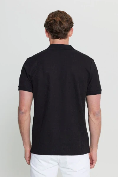 Men's Black Cotton Slim Fit Zip Neck Jacquard Stretch T-Shirt - 5