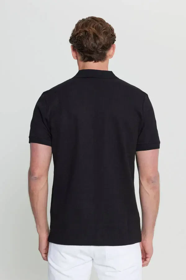 Men's Black Cotton Slim Fit Zip Neck Jacquard Stretch T-Shirt - 5