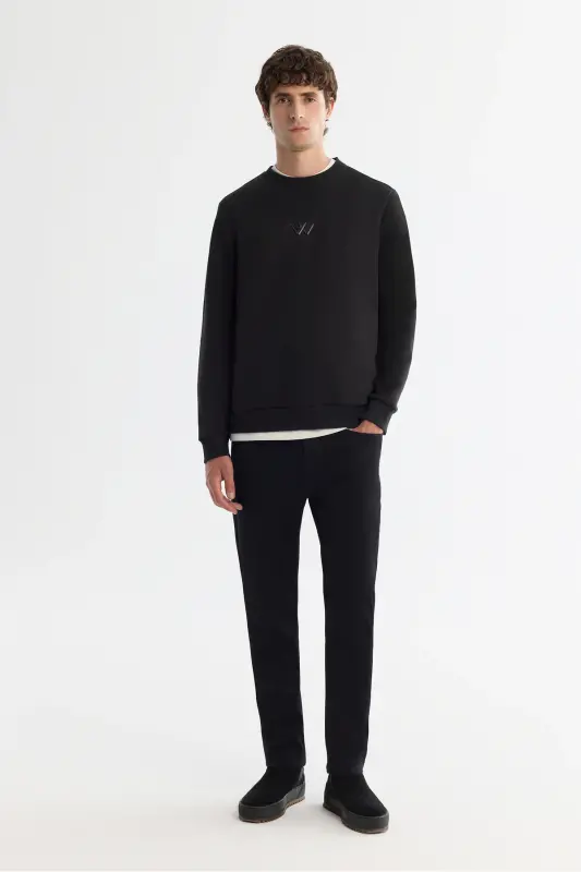 Men's Black Crew Neck 3 Thread Brushed Sweatshirt - 5