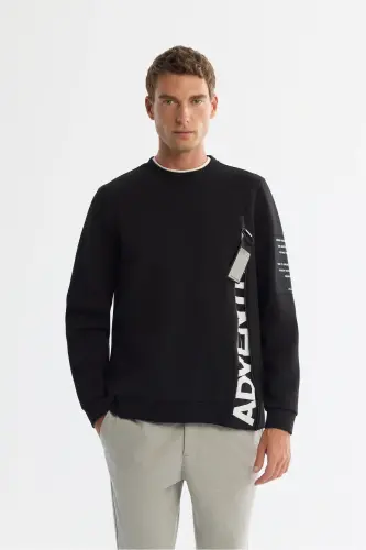 Men's Black Crew Neck Cotton Printed Elastane - 1