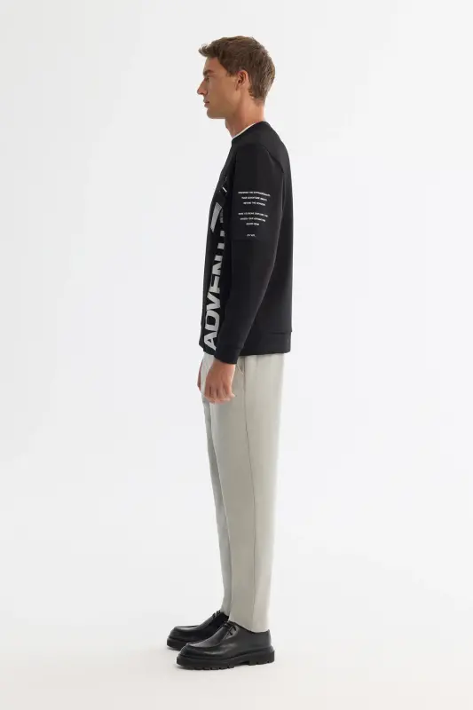 Men's Black Crew Neck Cotton Printed Elastane - 3