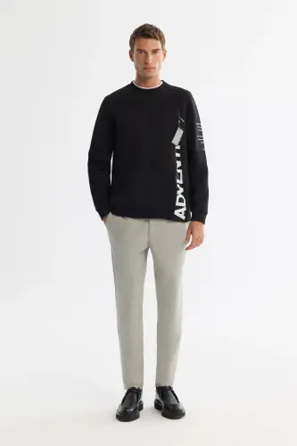 Men's Black Crew Neck Cotton Printed Elastane - 5