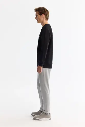 Men's Black Crew Neck Cotton Printed Elastane - 3