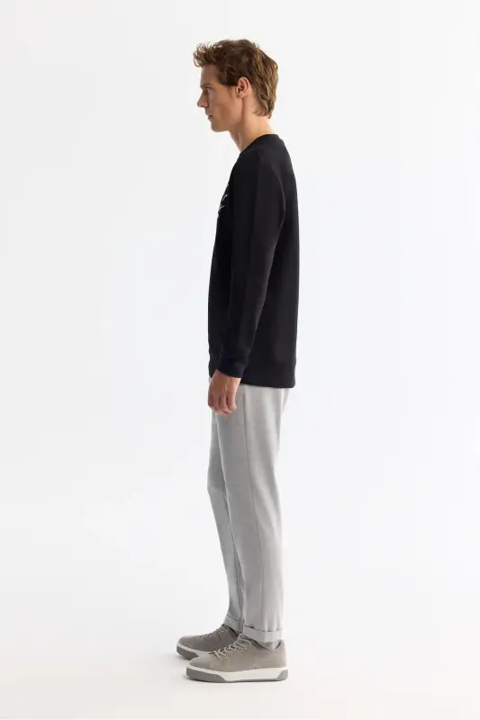 Men's Black Crew Neck Cotton Printed Elastane - 3
