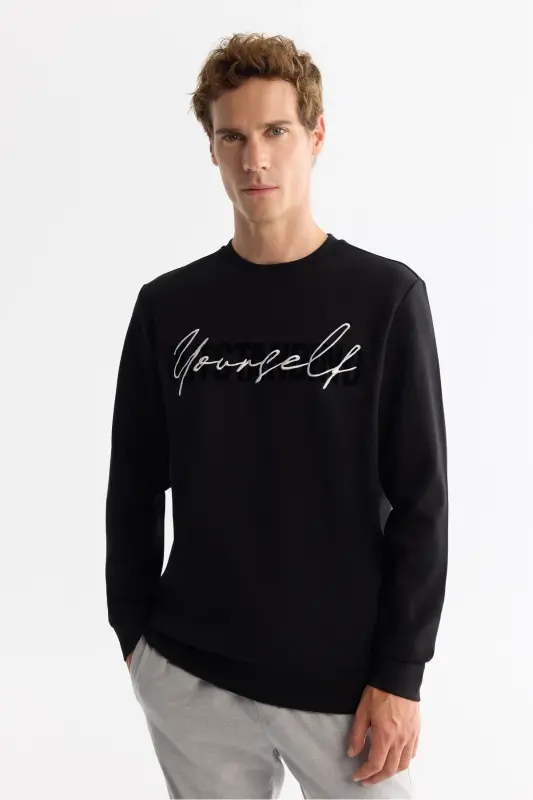 Men's Black Crew Neck Cotton Printed Elastane - 5
