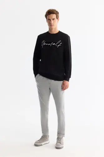 Men's Black Crew Neck Cotton Printed Elastane - 6
