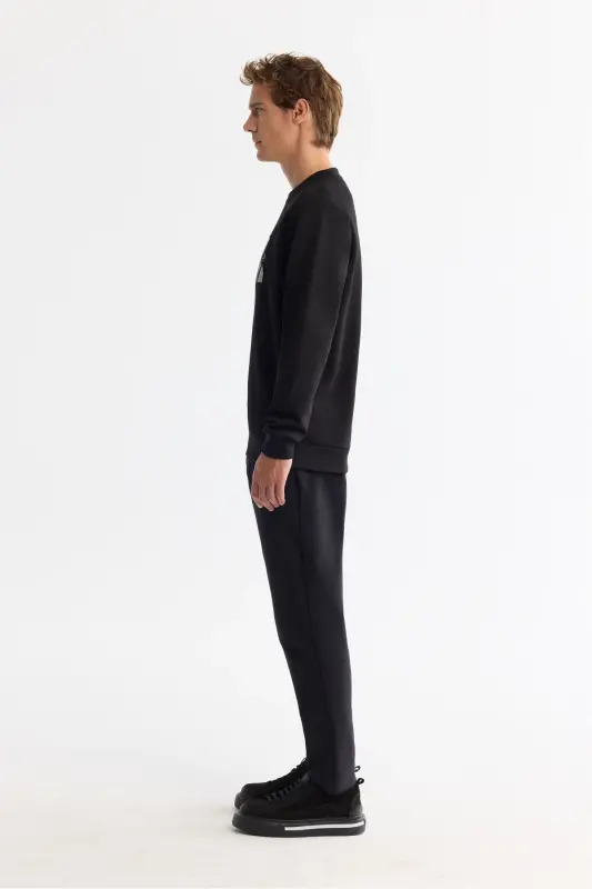 Men's Black Crew Neck Cotton Printed Elastane - 3