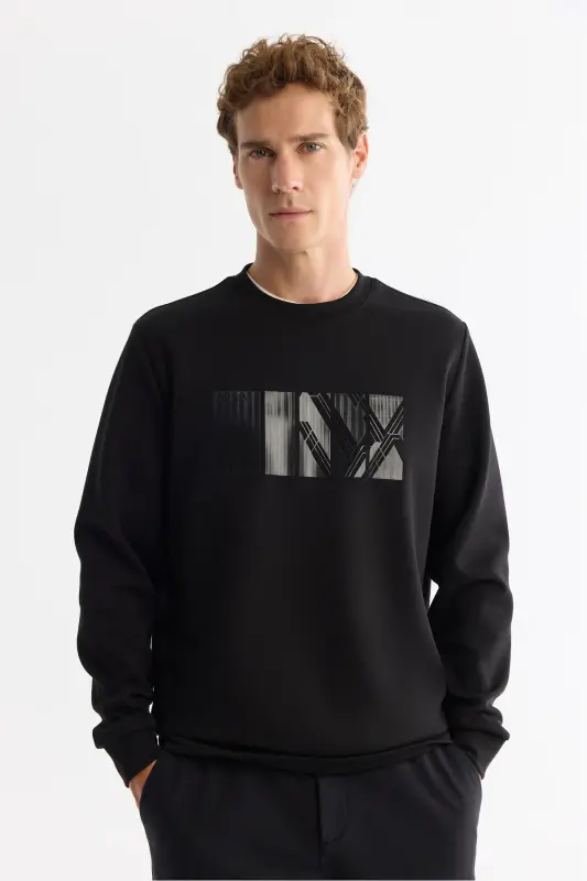 Men's Black Crew Neck Cotton Printed Elastane - 5