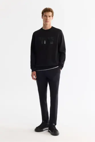 Men's Black Crew Neck Cotton Printed Elastane - 7