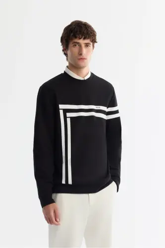 Men's Black Crew Neck Cotton Printed Elastane 