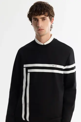 Men's Black Crew Neck Cotton Printed Elastane - AVVA (1)