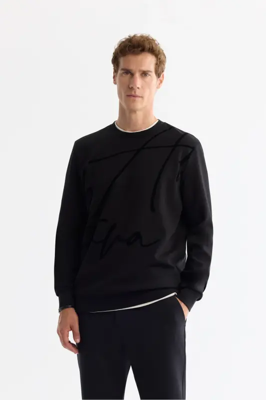 Men's Black Crew Neck Cotton Printed Elastane - AVVA