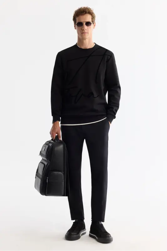 Men's Black Crew Neck Cotton Printed Elastane - 5