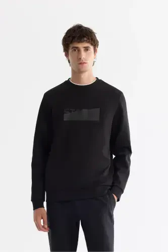 Men's Black Crew Neck Cotton Printed Elastane - 1