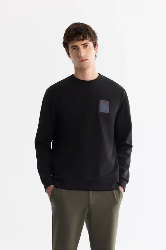 Men's Black Crew Neck Cotton Printed Elastane - 1